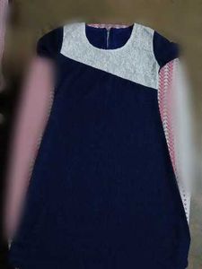 Navy Blue Dress with White Lace Accent