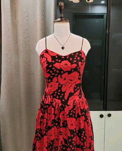 Red &amp; Black Floral Print Corset waist Dress