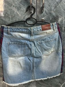 Denim Skirt with Plaid Side Detail