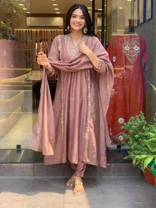 Mauve Embroidered Mul Chanderi Suit Set