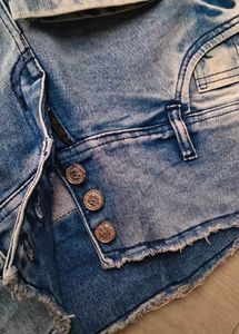 Denim Distressed Shorts with Button Detail