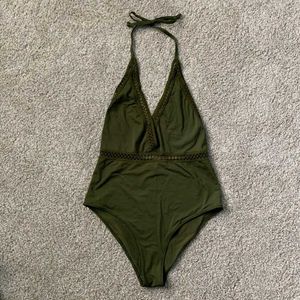 Olive Green One-Piece Swimsuit with Lace Trim