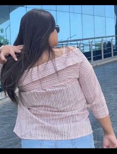 Striped Off-Shoulder Button-Up Top