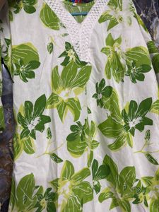 White & Green Floral Print Kurta
