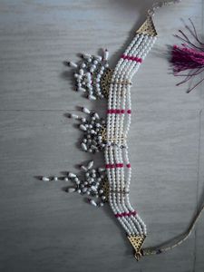 Royal Pearl &amp; Maroon Kundan Choker Necklace Set wi