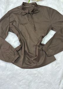 Chic Brown Long Sleeve Tie Neck Top