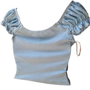 Light Blue Puff Sleeve Tie-Front Top