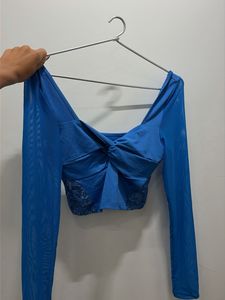 Blue Ruched Mesh Long Sleeve Top