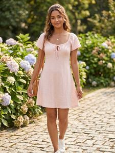 Cute Pink Puff Sleeve Mini Dress