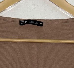 Zara Brown Ribbed Long Sleeve Crop Top