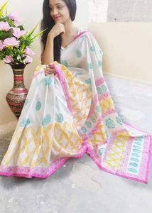 Handmade Pure Silk Block-Printed Saree with Blouse