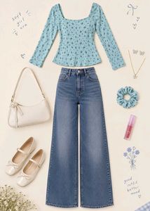 Blue Ditsy Floral Square Neck Top