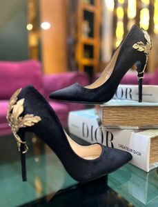 Black Stiletto Heels with Gold Leaf Detail