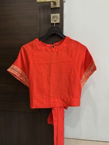 Vibrant Orange Crop Top with Lace Trim