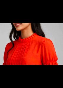 Vibrant Red Pleated Neck Top