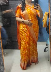 pure khaddi chiffon yellow lahariya banarasi Saree