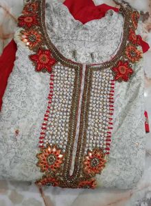 Embroidered Grey Kurta with Red Pants Set