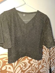 Sparkly Black V-Neck Flutter Sleeve Top
