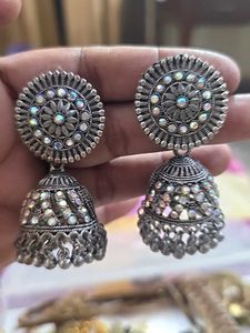 Oxidized Jhumka Earrings with Crystals