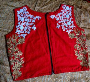 Red Embroidered Zipper Crop Top