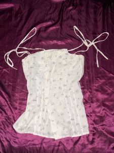 White floral tie spaghetti top (full length)