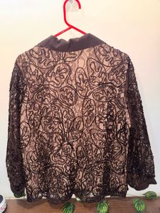 Elegant Brown Lace Button-Up Top