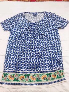 Blue & White Geometric Print Tunic Top