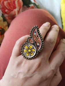 Hand painted brass Floral Statement Ring