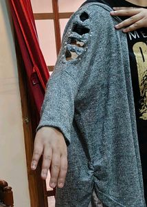 Grey Cold Shoulder Pearl Embellished Top