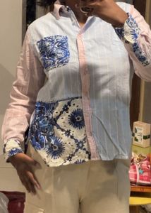 Pink & Blue Striped Oversized Casual Shirt with Em