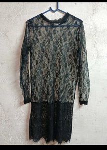 Elegant Black Lace Kurta with Red Trim