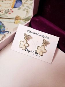 Korean Studded Bow With Dangling Flower (White)