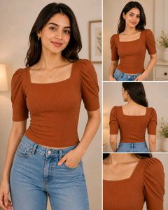 Rust Brown Ribbed Puff Sleeve Top for Women