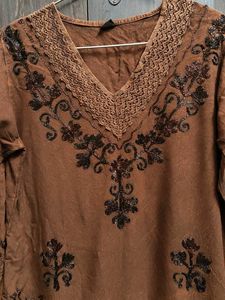 Embroidered V-Neck Brown Tunic