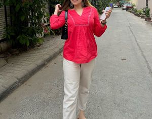 Vibrant Red Embroidered Kurta Top