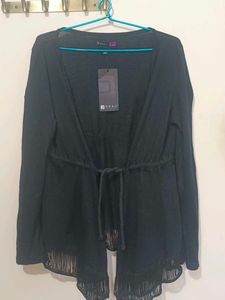 Black Open Front Cardigan with Tassels