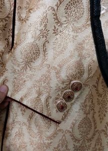 Sherwani- Golden With Maroon Highlights And Button