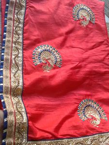 Red Saree with Peacock Embroidery