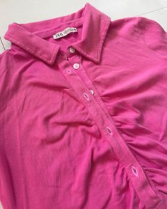 Vibrant Pink Ruched Collared Top