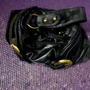 Black leather Shoulder Bag with Gold Buckle