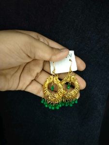 Boho Golden Jhumka Earrings with Green Beads