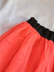 Vibrant Coral Tulle Skirt with Black Ribbon