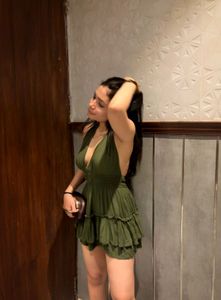 Elegant Olive Green Halter Neck Gown