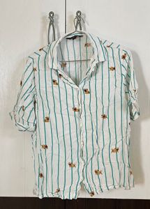 Cute Pug Striped Button-Up Shirt