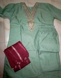 Green Embroidered Kurta Set with maroon dupatta