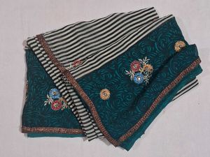 Elegant Striped Saree with Floral Embroidery