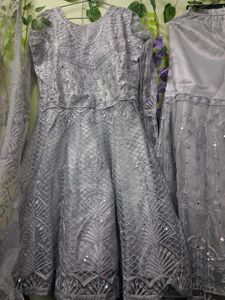 Elegant Silver Sequined Kurta Set with Dupatta