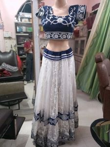 Elegant Blue &amp; White Embroidered Lehenga Choli