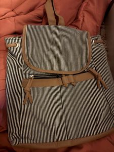 Striped Backpack with Faux Leather Trim