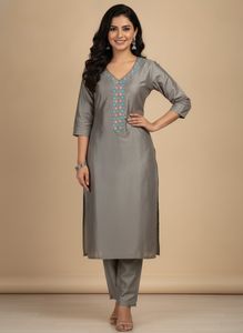 Elegant Embroidered Grey Silk Kurta Salwar Set